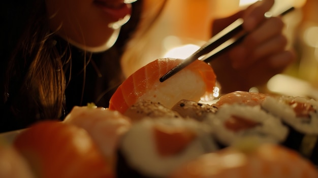 Kostenloses Foto nahaufnahme einer person, die sushi isst