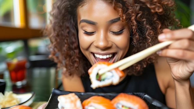 Kostenloses Foto nahaufnahme einer person, die sushi isst