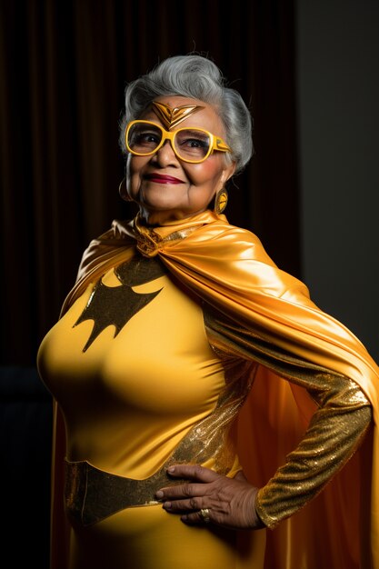 Nahaufnahme einer Superheldin im gelben Kostüm