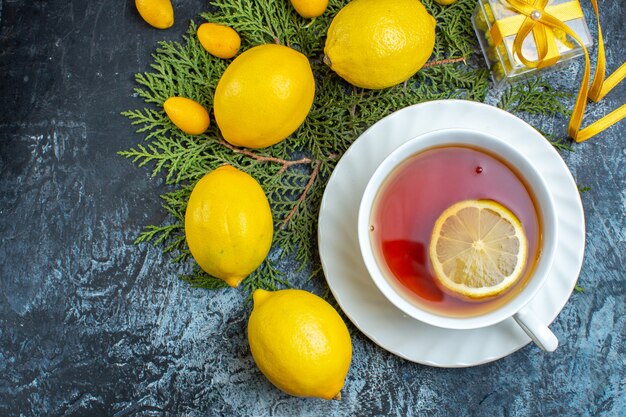 Nahaufnahme einer Tasse schwarzen Tee mit Zitrone und einer Sammlung natürlicher frischer Zitrusfrüchte aus Bio-Baumwolle auf Tannenzweigen neben dunklem Hintergrund