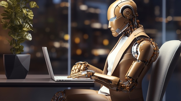 Nahaufnahme eines anthropomorphen Roboters, der am Computer arbeitet