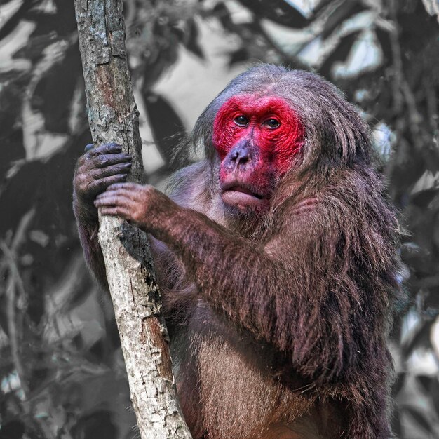 Nahaufnahme eines Bärenmakaken mit rotem Gesicht auf einem Baum im Zoo