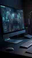 Kostenloses Foto nahaufnahme eines computermonitors und einer tastatur in einem dunklen raum 3d-rendering