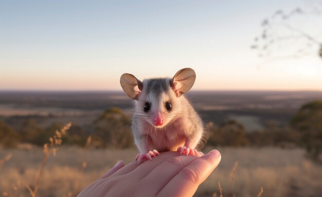 Kostenloses Foto nahaufnahme eines entzückenden opossums, das in der hand gehalten wird