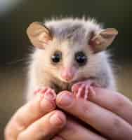 Kostenloses Foto nahaufnahme eines entzückenden opossums, das in der hand gehalten wird