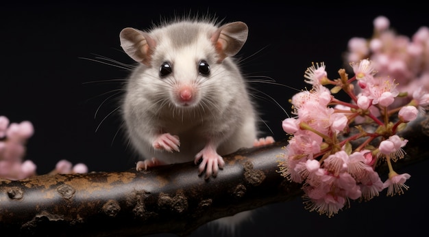 Kostenloses Foto nahaufnahme eines entzückenden opossums in der nähe von blumen