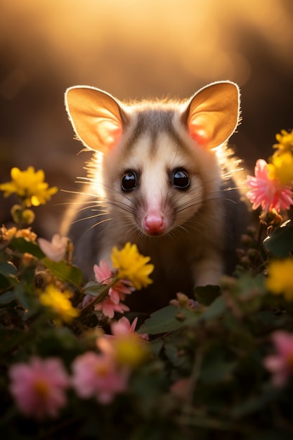 Nahaufnahme eines entzückenden Opossums in der Nähe von Blumen