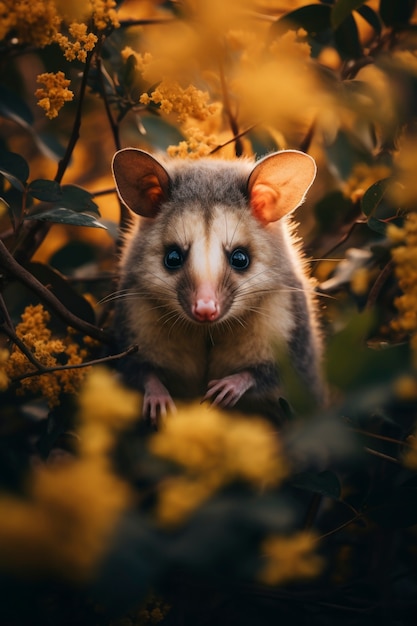 Kostenloses Foto nahaufnahme eines entzückenden opossums in der nähe von blumen