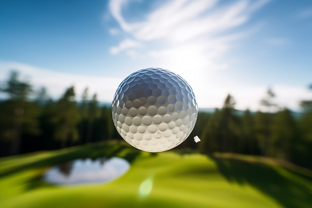 Nahaufnahme eines Golfballs in der Luft