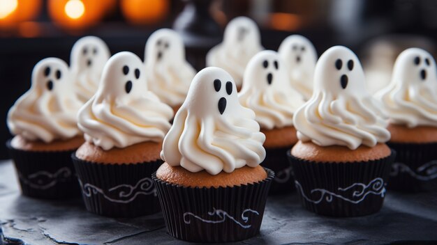 Nahaufnahme eines Halloween-Geister-Cupcakes