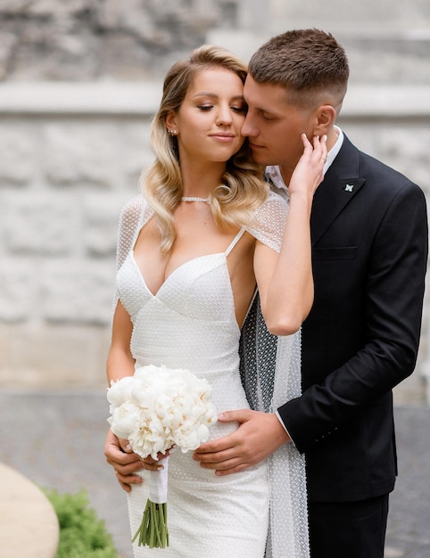 Nahaufnahme eines hübschen Mädchens in modischem weißem Kleid und Accessoires, das einen blühenden Blumenstrauß hält, die Augen schließt und das Gesicht ihres Bräutigams berührt, der hinter ihr steht und sie während des Hochzeitsspaziergangs umarmt