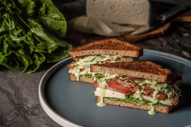 Nahaufnahme eines köstlichen vegetarischen Sandwiches mit Käse und Salat im Hintergrund