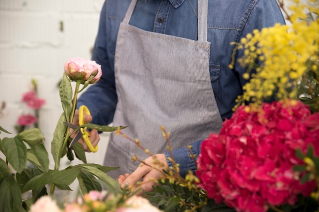 Kostenloses Foto nahaufnahme eines mannes, der das blatt der rosa pfingstrosenblume mit schere schneidet