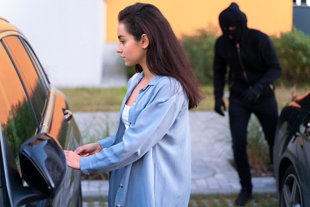 Kostenloses Foto nahaufnahme eines mannes, der sich darauf vorbereitet, von einer jungen frau zu stehlen