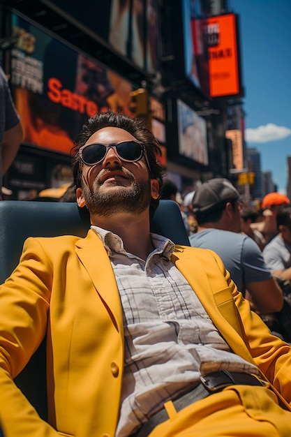 Nahaufnahme eines modischen New Yorker Mannes mit gelbem Kostüm