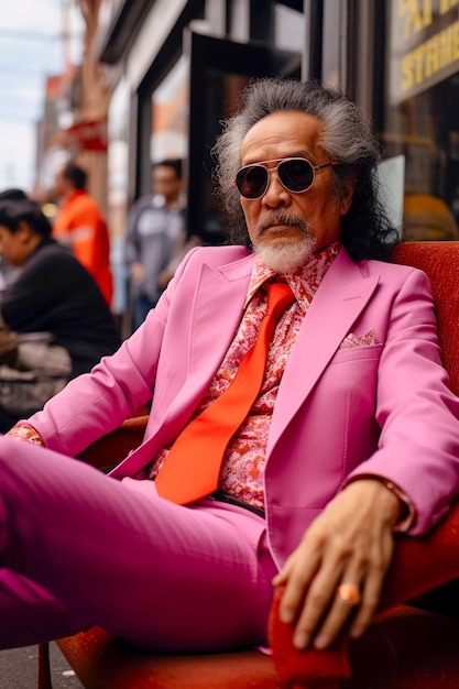 Nahaufnahme eines modischen New Yorker Mannes mit rosa Kostüm