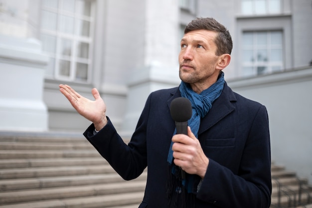 Kostenloses Foto nahaufnahme eines reporters, der sich auf ein interview vorbereitet