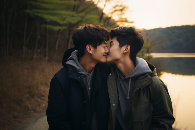 Nahaufnahme eines schwulen Paares, das sich küsst