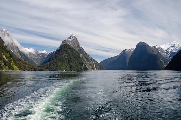 Kostenloses Foto nahaufnahme eines sees und der berge im milford sound, neuseeland