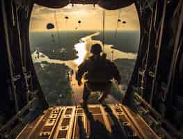 Kostenloses Foto nahaufnahme eines soldaten, der aus dem flugzeug springt