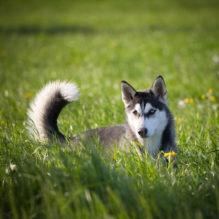 Kostenlose Foto nahaufnahme eines süßen huskys auf einem grünen feld