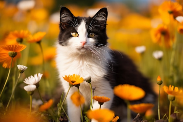 Kostenloses Foto nahaufnahme eines von blumen umgebenen kätzchens