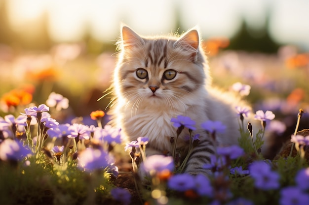 Kostenloses Foto nahaufnahme eines von blumen umgebenen kätzchens