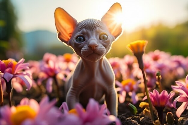 Nahaufnahme eines von Blumen umgebenen Kätzchens