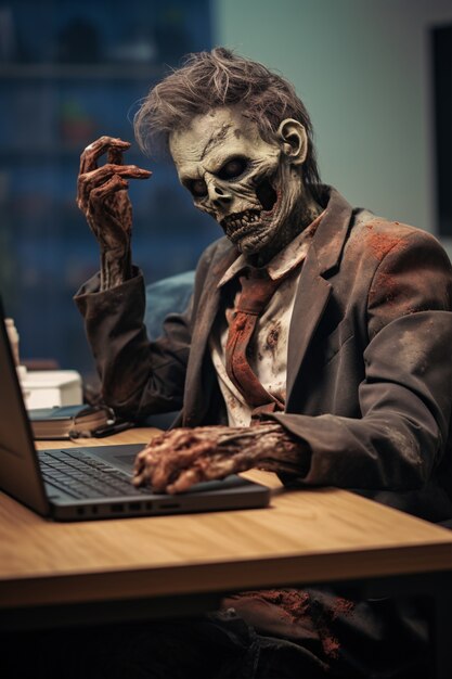 Nahaufnahme eines Zombies, der am Laptop arbeitet