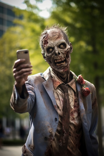 Nahaufnahme eines Zombies, der ein Selfie macht