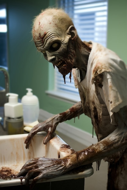 Kostenloses Foto nahaufnahme eines zombies im badezimmer