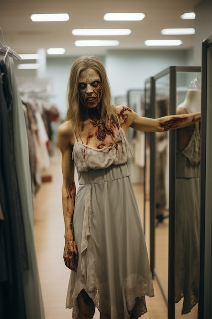 Nahaufnahme eines Zombies im Laden