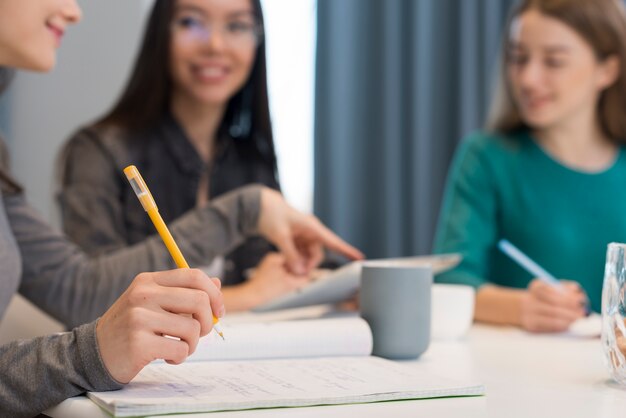 Nahaufnahme erwachsene Frauen, die zu Hause zusammenarbeiten