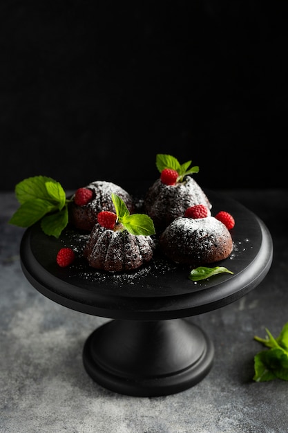 Nahaufnahme Schokoladendessert mit Zuckerpulver