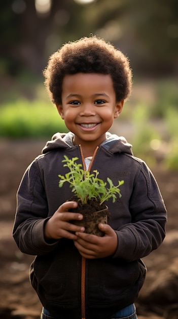 Nahaufnahme von einem Jungen, der beim Gartenarbeiten hilft