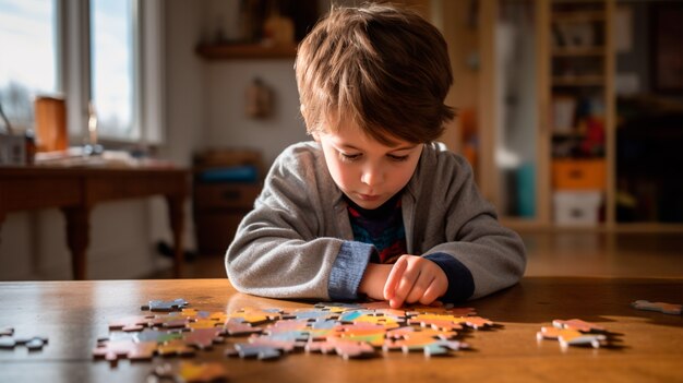 Nahaufnahme von einem Jungen, der ein Puzzle macht