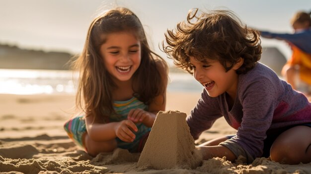 Nahaufnahme von einem Jungen, der ein Sandschloss mit einem Mädchen baut