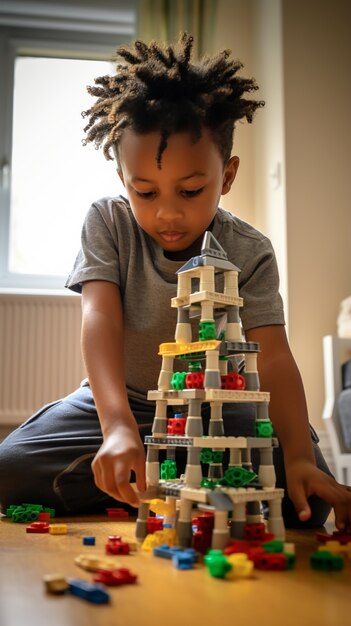 Nahaufnahme von einem Jungen, der mit Bausteinen spielt