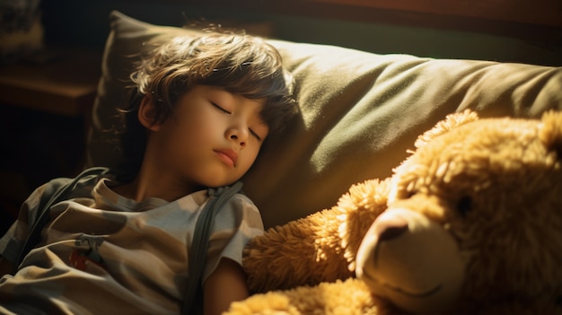 Nahaufnahme von einem Jungen, der mit einem Teddybären schläft