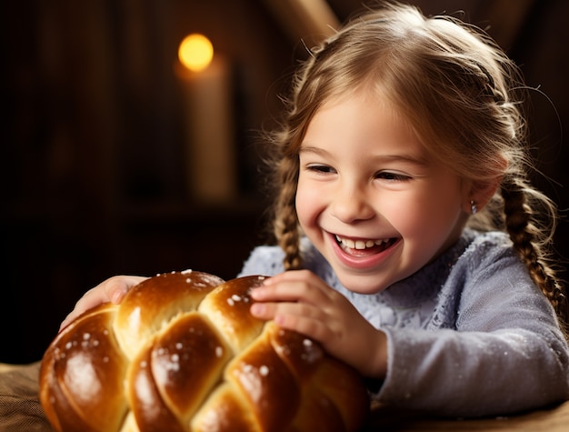 Kostenloses Foto nahaufnahme von einem kind mit challah-schüssel für hanukkah