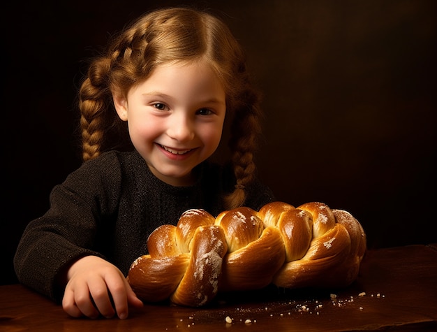 Kostenloses Foto nahaufnahme von einem kind mit challah-schüssel für hanukkah