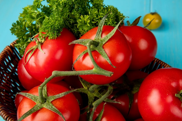 Nahaufnahme von Gemüse als Koriander und Tomate im Korb auf blauer Oberfläche