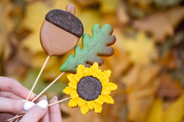 Nahaufnahme von handgemachten Lebkuchen im Herbst auf Stöcken