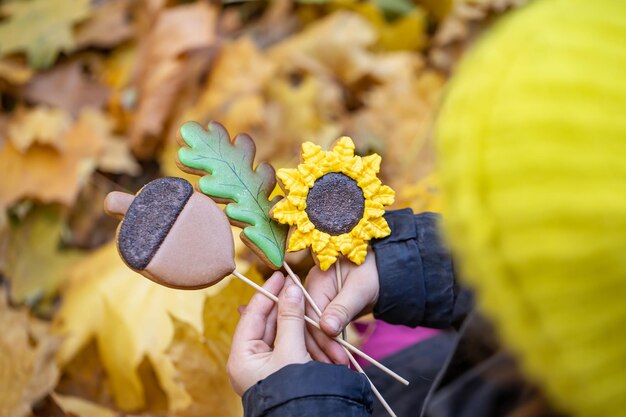 Nahaufnahme von handgemachten Lebkuchen im Herbst auf Stöcken