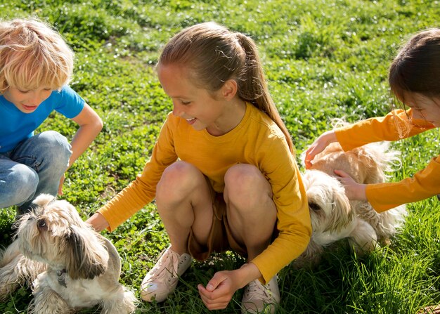 Nahaufnahme von Kindern, die mit Hunden spielen