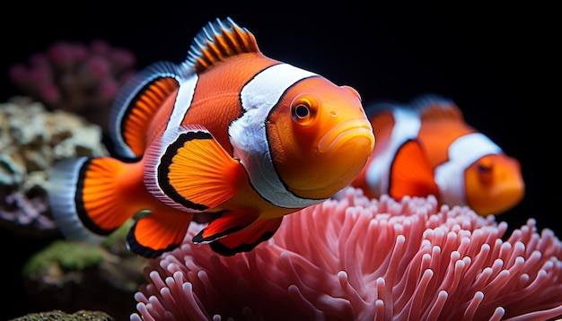 Kostenloses Foto nahaufnahme von lebendigen clownfischen, die in einem von ki erzeugten korallenriff schwimmen