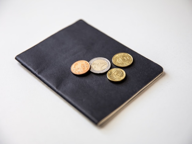 Nahaufnahme von Münzen und Reisepass auf weißem Hintergrund, Finanzen, Reisekonzept.