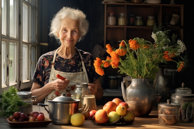 Nahaufnahme von Oma beim Kochen