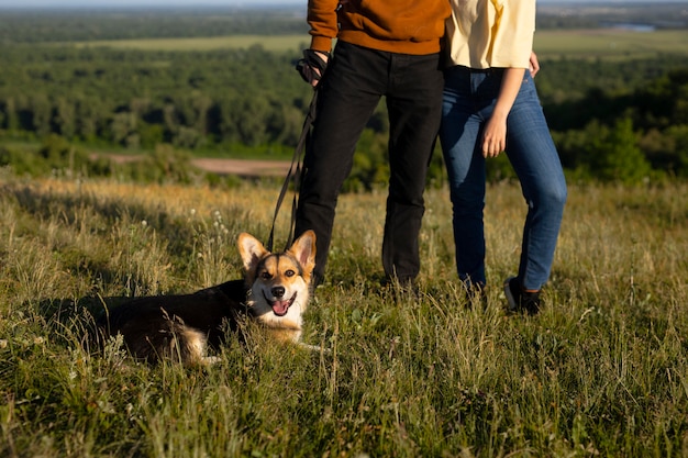 Nahaufnahme von Reisenden mit Hund in der Natur