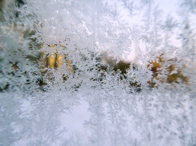 Nahaufnahme von schönen Schneeflocken auf einem Fenster